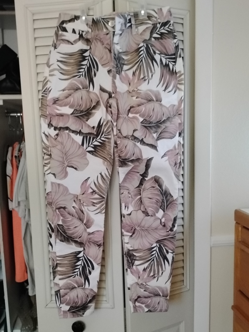 LASCANA Tropical Leaf Print Casual Pants - Pink & Taupe